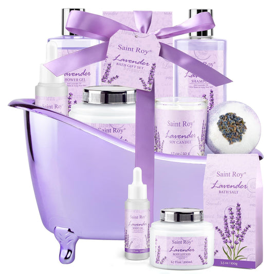 Lavender Spa Gift Basket for Women – Bath Set with Shower Gel, Home Spa Kit, Relaxing Gifts for Mom, Christmas & Mother's Day