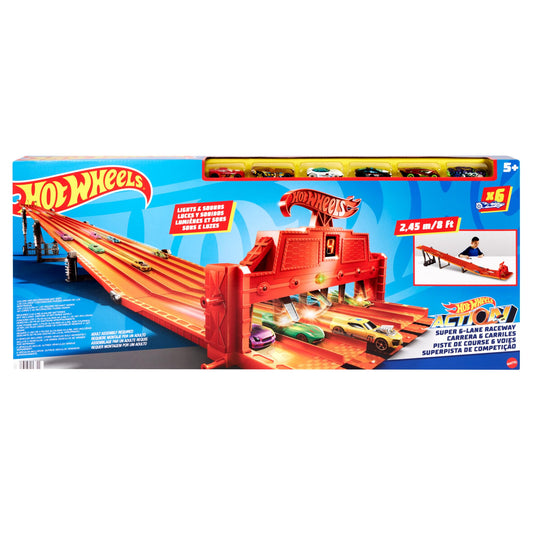 Hot Wheels Super 6-Lane Raceway Track Set with Lights & Sounds, 6 Die-Cast 1:64 Cars, 8-Foot Track Rolls Up for Storage (Amazon Exclusive)