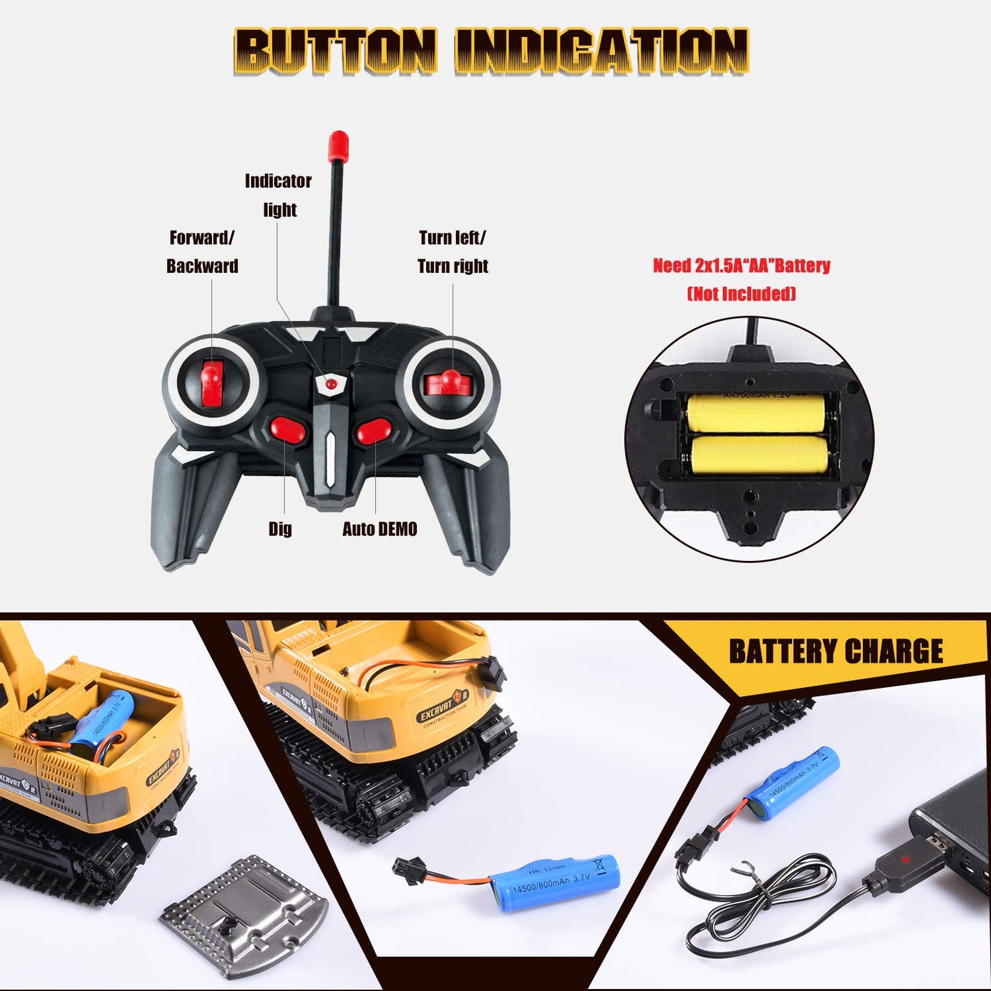 Onadrive Remote Control Excavator Toy – Rechargeable Hydraulic Digger Truck, Educational Engineering Toy for Kids Ages 3-8