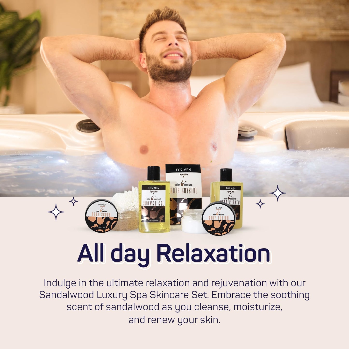 SpaLife Men’s Sandalwood Luxury Skincare Set – Exfoliating Scrub & Complete Bath & Body Care for Cleansing, Moisturizing, Rejuvenation