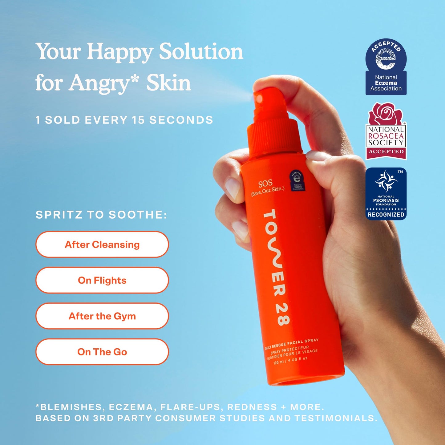 Tower 28 SOS Daily Rescue Facial Spray – Hypochlorous Acid Toner for Sensitive Skin, Redness & Breakout Relief, 4 FL Oz Full-Size Spray