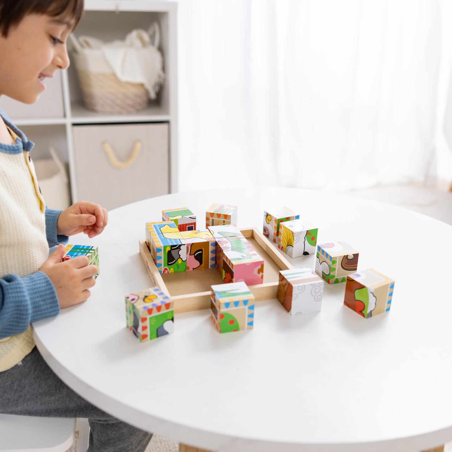 Melissa & Doug Farm Wooden Cube Puzzle with Storage Tray – 6-in-1 Animal Puzzle for Toddlers and Preschoolers – 16 Wooden Cubes – Farm Toy for Kids Ages 3+ - FSC Certified