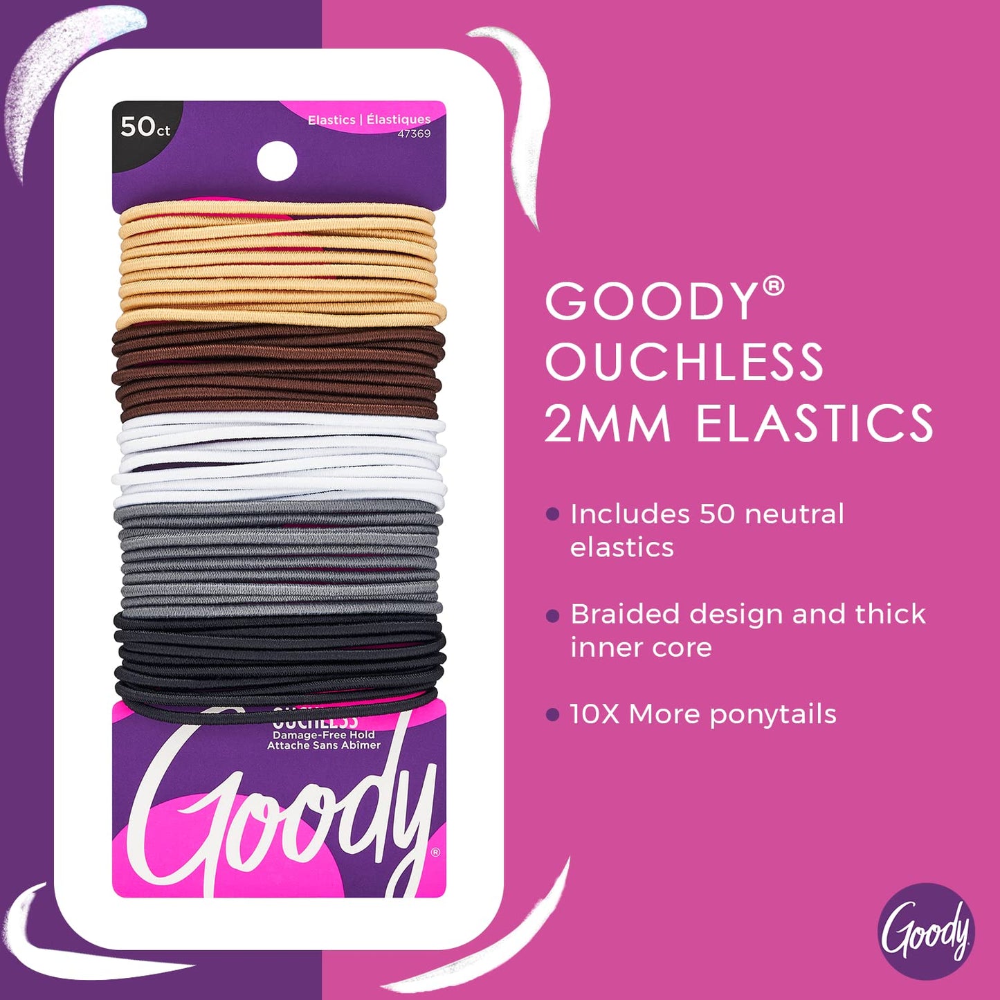 Goody Ouchless Hair Elastics, 50 Ct – No Pull, No Breakage, Tangle-Free Ponytail Holders for Fine Hair, Long-Lasting Neutral Bands for Women & Men