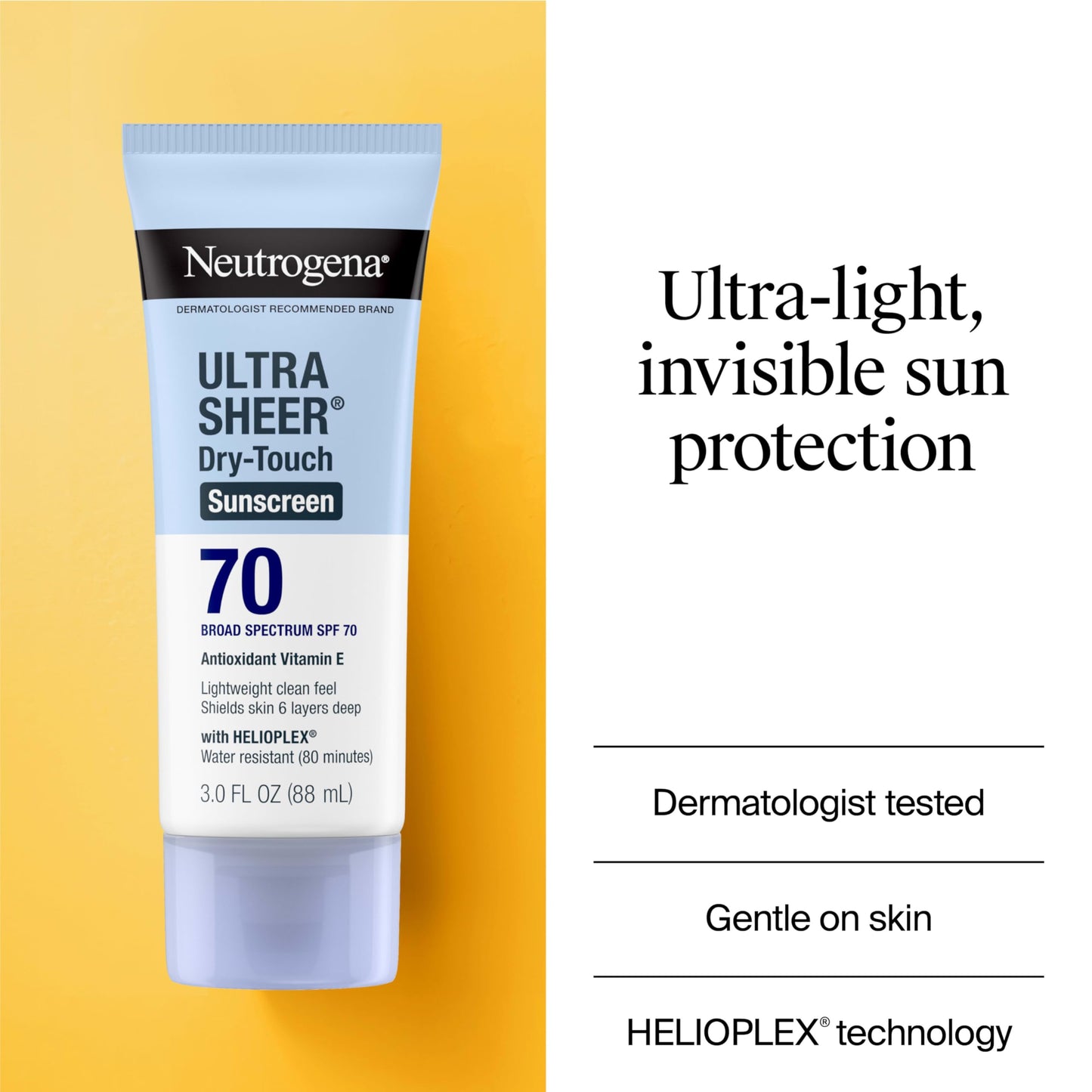 Neutrogena Ultra Sheer Dry-Touch SPF 70 Sunscreen Lotion, Broad Spectrum, Water Resistant 80 Min, Oil-Free, Matte Finish, Travel 3oz
