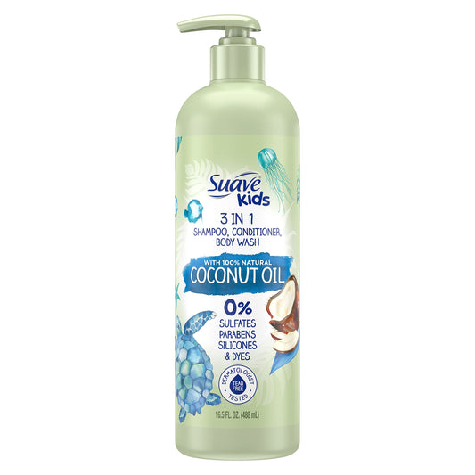 Suave Kids Naturals 3-in-1 Shampoo, Conditioner & Body Wash with Coconut Oil – Tear-Free, Dermatologist-Tested, 16.5 oz