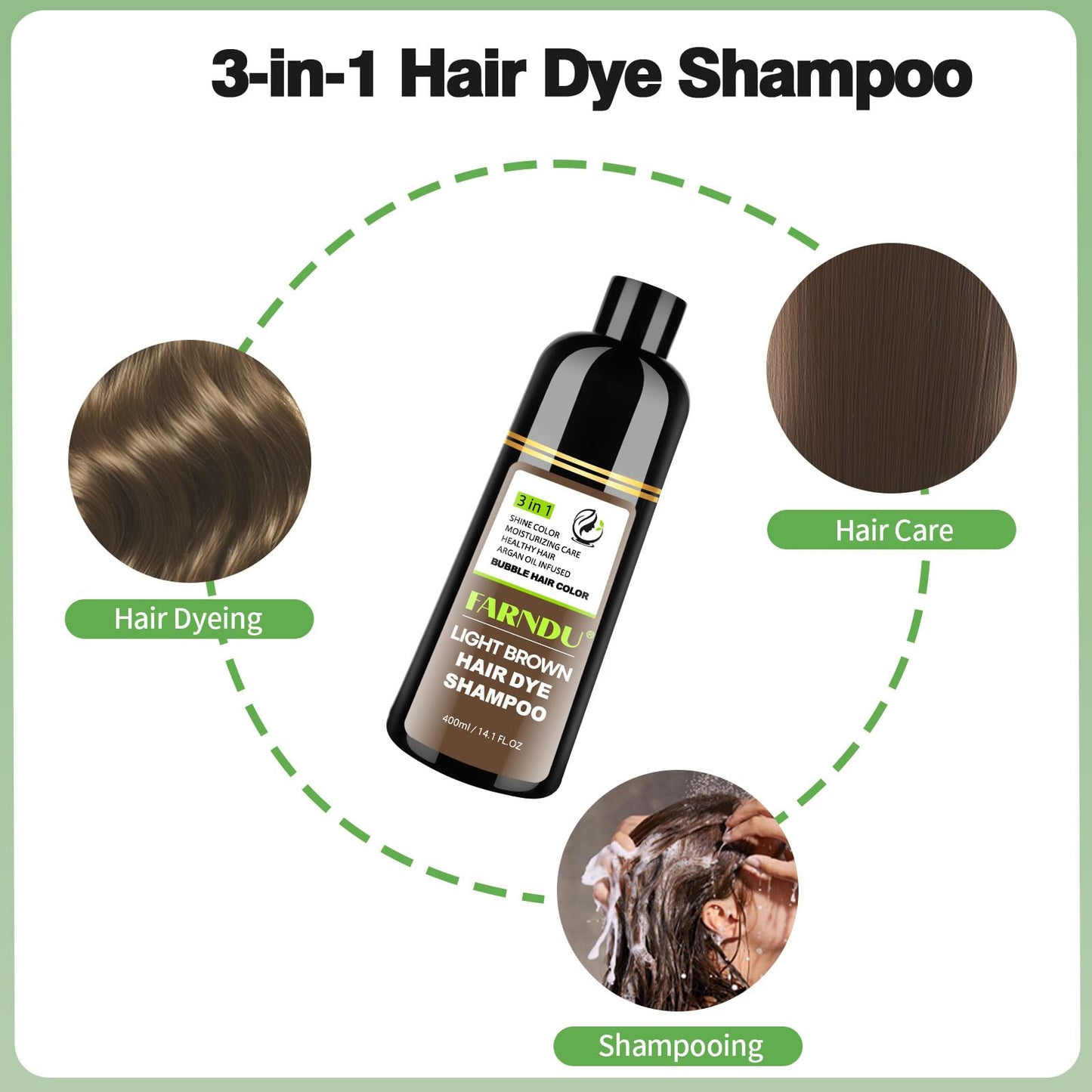 FARNDU 3-in-1 Light Brown Hair Dye Shampoo with Argan Oil – Covers Gray in 10-15 Min, Long-Lasting Natural Color for Men & Women, Up to 6 Months