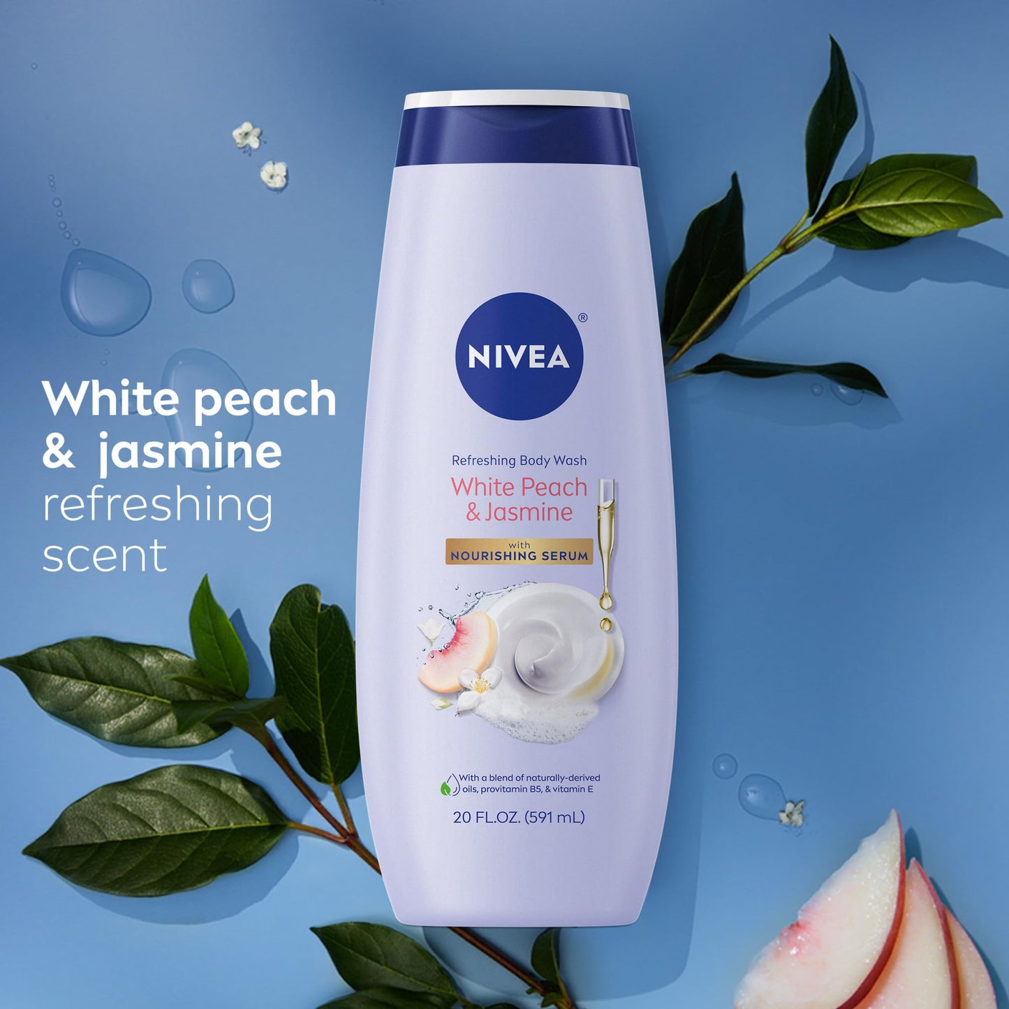 NIVEA Refreshing White Peach & Jasmine Body Wash – Scented with Nourishing Serum, Provitamin B5 & Vitamin E, 20 Fl Oz for Women