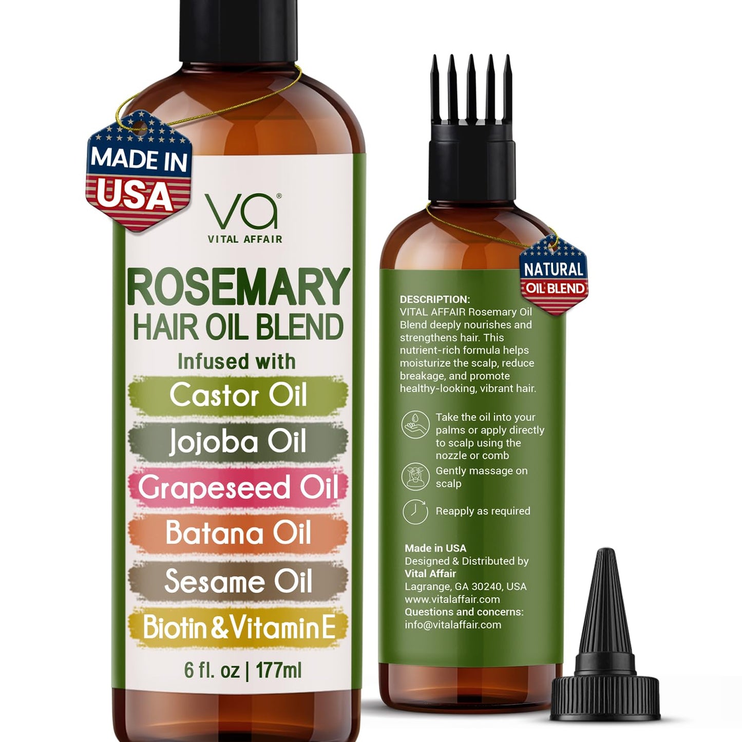 VITAL AFFAIR Rosemary Hair Growth Oil Blend | With Castor, Batana & Jojoba Oils | Infused with Biotin & Vitamin E | Strengthening Treatment, 6 Fl Oz