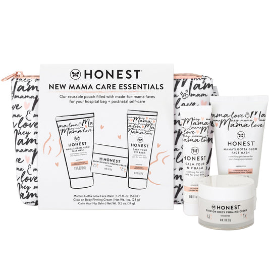 The Honest Company New Mama Care Essentials Gift Set | Hospital Bag Must Haves | Travel Size Nip Balm, Body Cream & Face Wash with Reusable Pouch