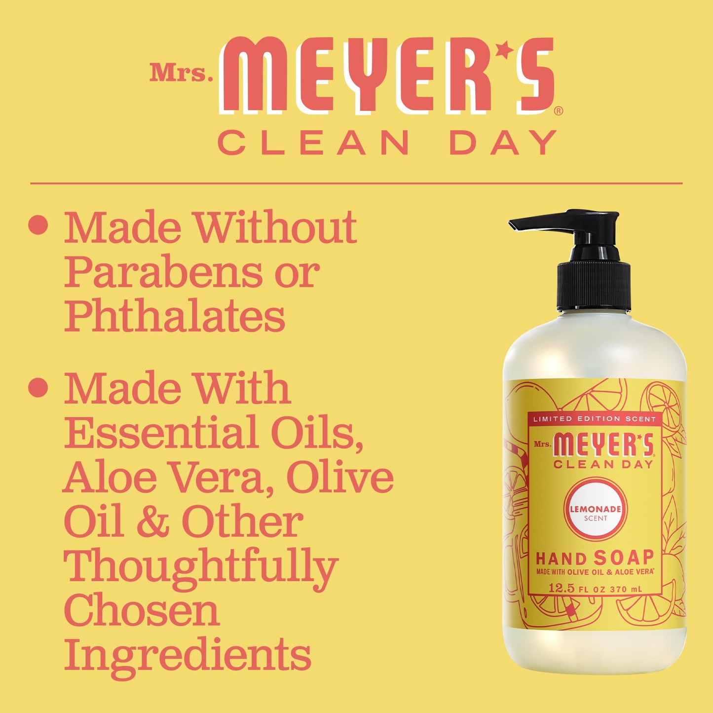 Mrs. Meyer’s Clean Day Liquid Hand Soap – Biodegradable, Cruelty-Free Formula with Essential Oils, Limited Edition Lemonade Scent, 12.5 oz