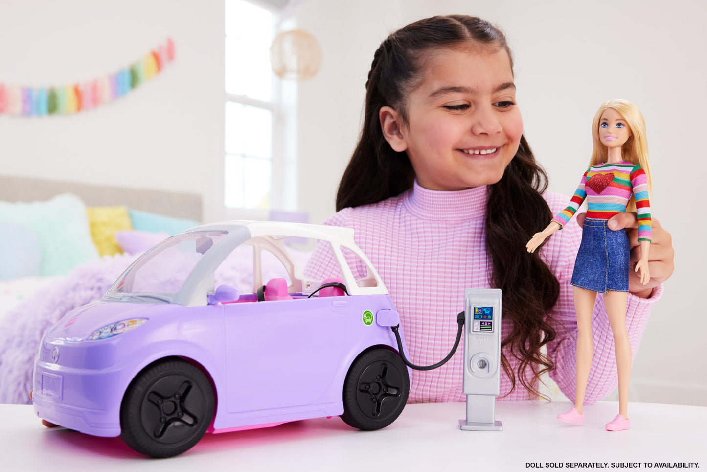 Barbie Doll Accessories, Toy Car Electric Vehicle with Charging Station, Plug & Sunroof, Purple 2-Seater Transforms into Convertible