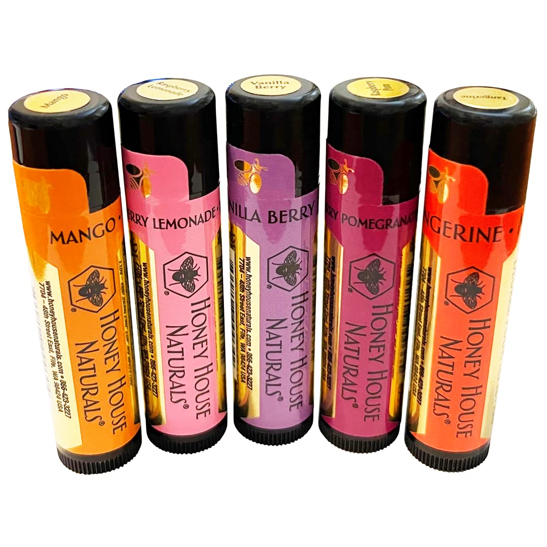 Honey House Naturals Lip Butter Gift Set – 5-Piece Ultra Moisturizing, Anti-Aging, All-Natural, Essential Oil Infused – Made in USA