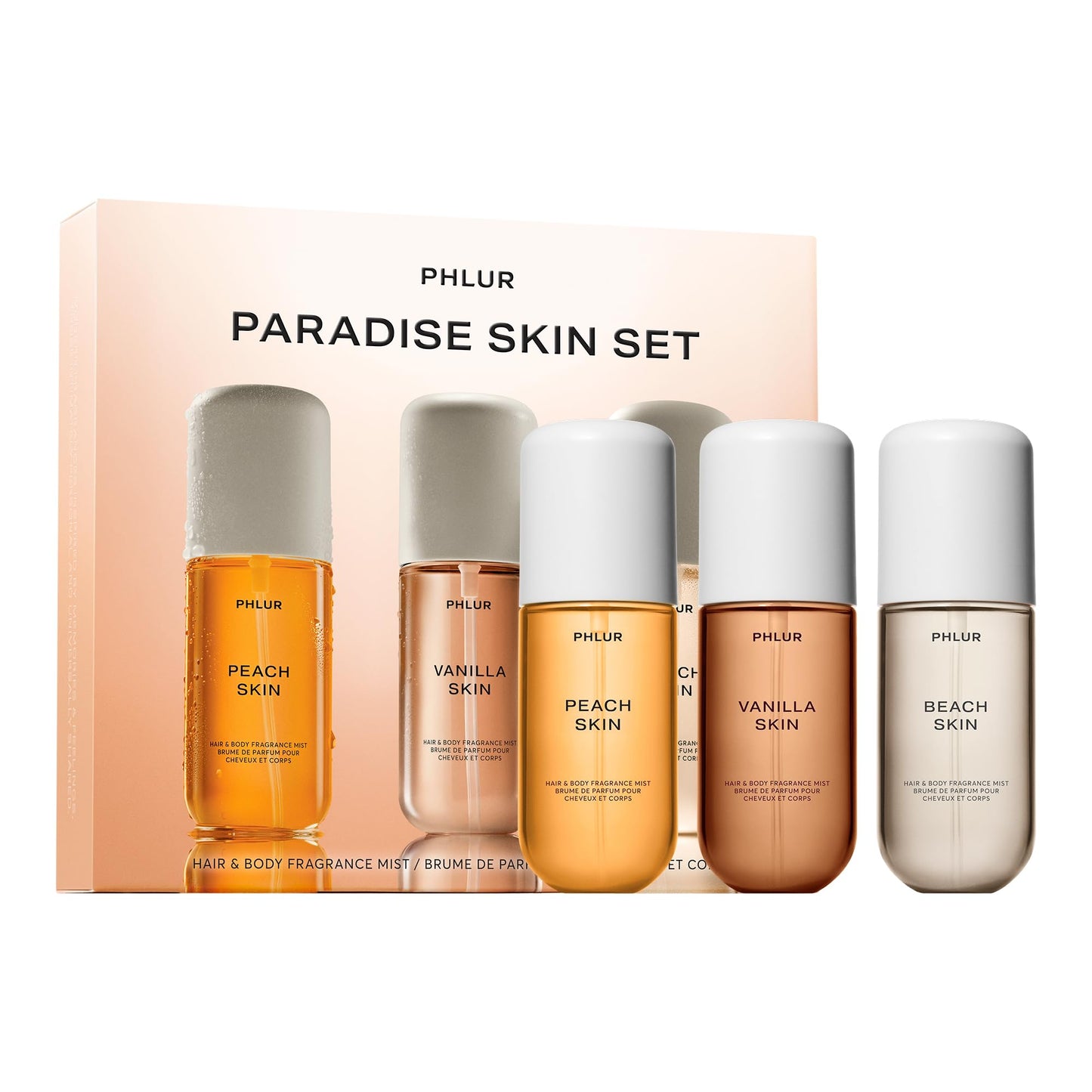 PHLUR Paradise Skin Travel Set – Body Mist Gift Trio with Peach Skin, Vanilla Skin & Beach Skin – Travel Size Hair & Body Fragrance (3 x 3 fl oz)