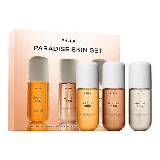 PHLUR Paradise Skin Travel Set – Body Mist Gift Trio with Peach Skin, Vanilla Skin & Beach Skin – Travel Size Hair & Body Fragrance (3 x 3 fl oz)