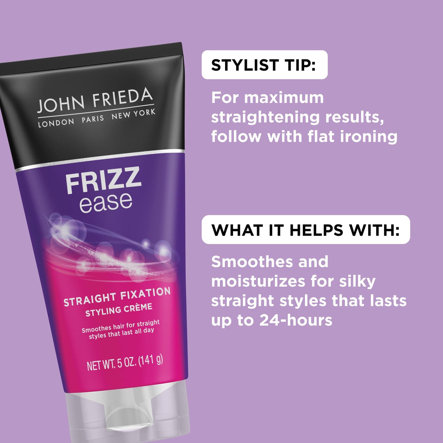 John Frieda Frizz Ease Straight Fixation Styling Crème, Smooths & Straightens Frizzy Hair with Milk Protein & Almond Oil, Heat Protectant, 5 Oz