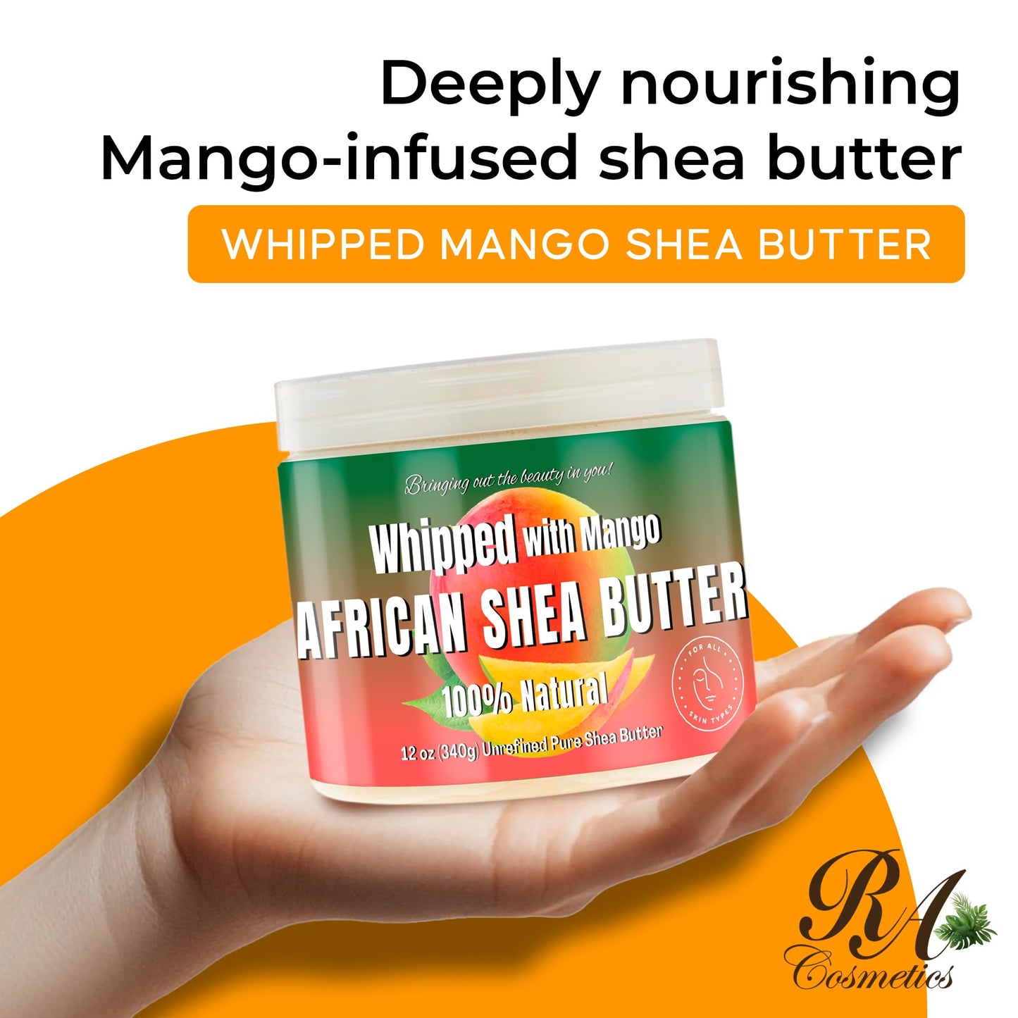 RA COSMETICS Whipped Mango Shea Butter – 100% Pure African Shea, Handcrafted Moisturizer for Skin & Hair, 12oz Jar
