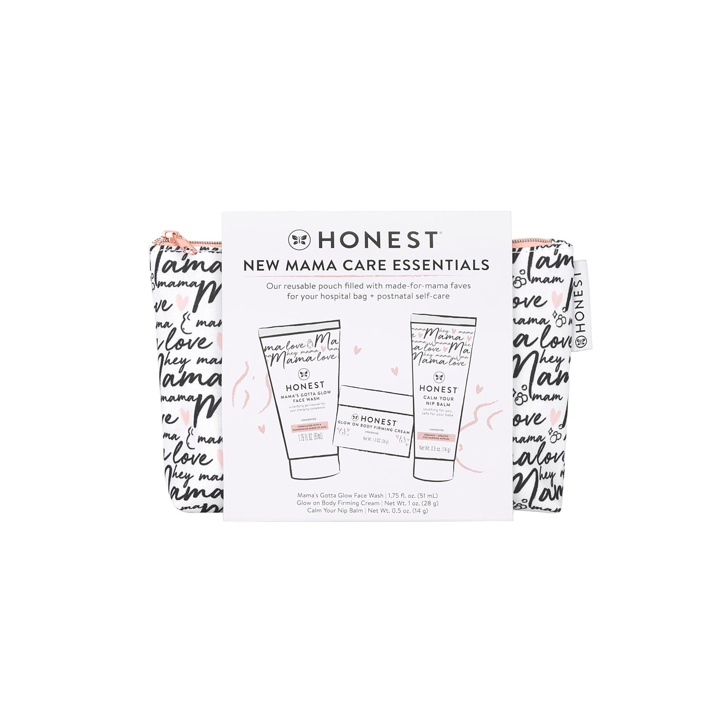 The Honest Company New Mama Care Essentials Gift Set | Hospital Bag Must Haves | Travel Size Nip Balm, Body Cream & Face Wash with Reusable Pouch