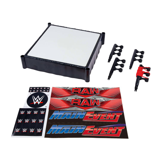 Mattel WWE Superstar Ring with Labels - Main Event & RAW, Spring-Loaded Ring Mat & Pro Tension Elastic Rope