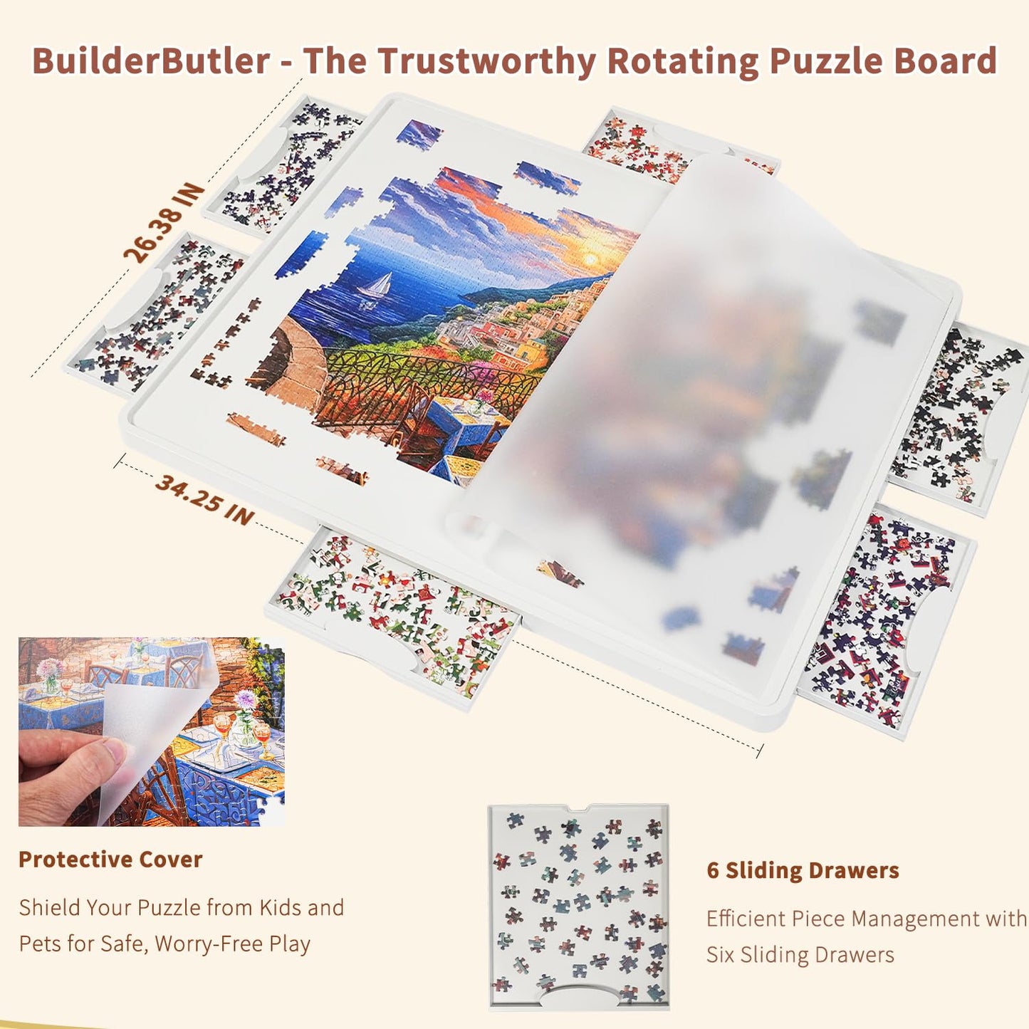 BuilderButler 1500-Piece Rotating Puzzle Board – 360° Lazy Susan with 6 Sliding Drawers & Cover, 34.25"x26.38" Portable Puzzle Table, Gift