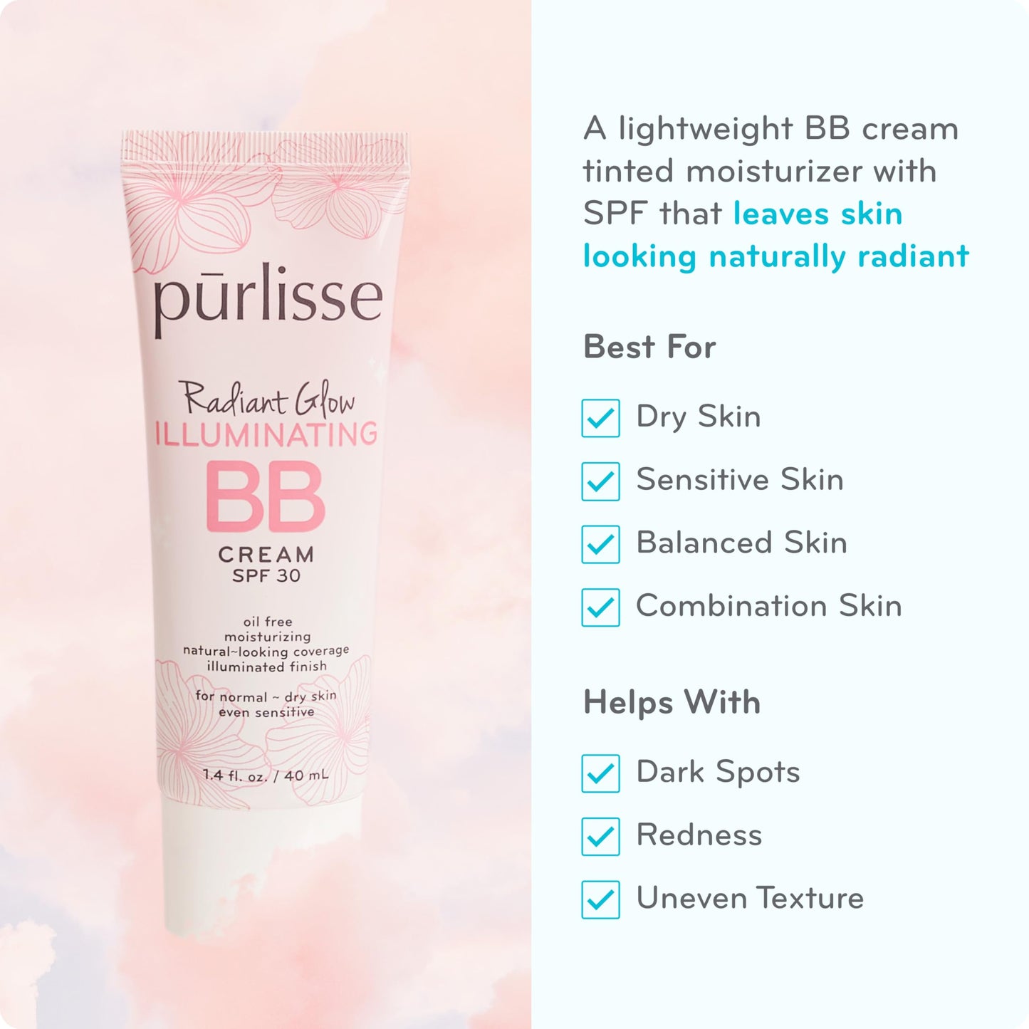 pūrlisse Radiant Glow BB Cream SPF 30 – Dewy Illuminating Cream with Goji & Hawthorn Berry, Enhances Skin Texture & Radiance, Light/Medium 1.4 oz