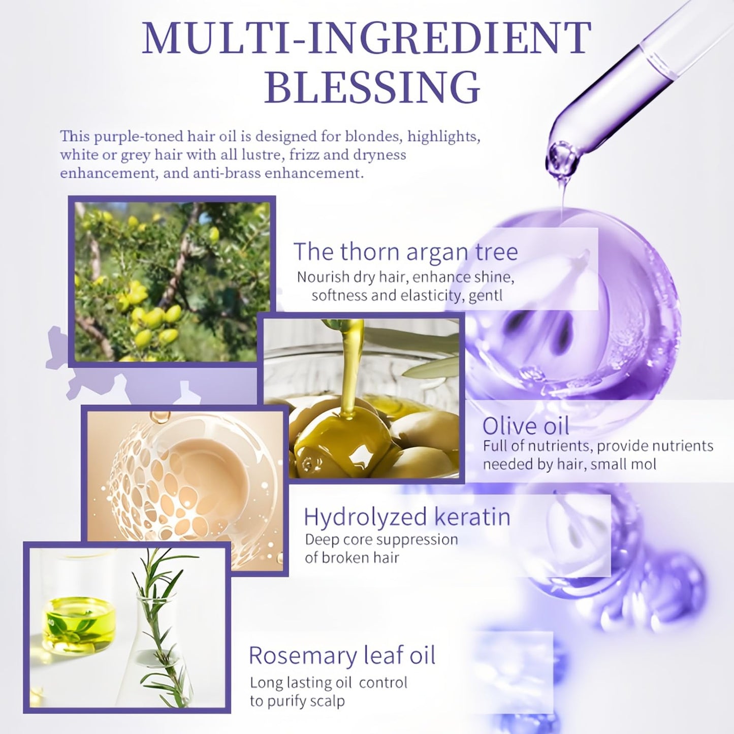 Purple Moroccan Hair Oil – Volumizing & Repairing Oil for Dry, Damaged, Tangled Hair | Plant-Based Formula for Moisture, Shine & Strength, 100ml