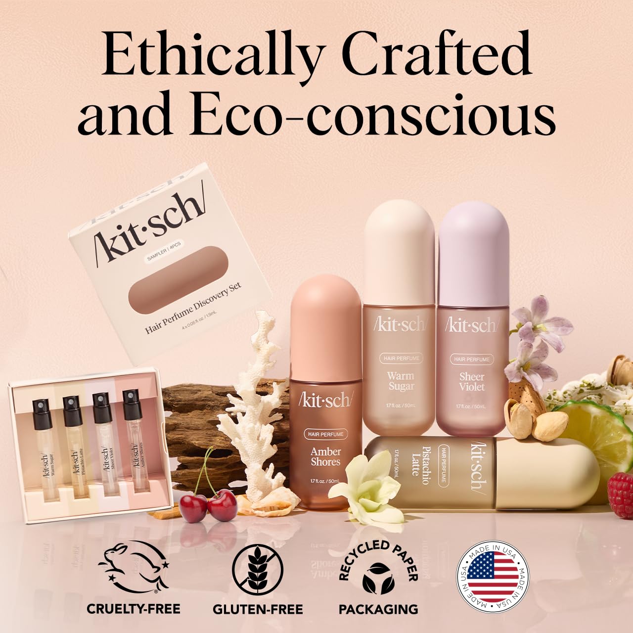 Kitsch Hair Perfume Discovery Set for Women – Pistachio Latte, Warm Sugar, Sheer Violet & Amber Waves – Odor-Eliminating Hair & Body Mist, 4 x 1.5ml