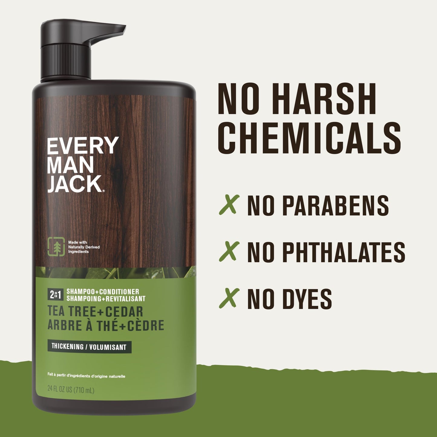 Every Man Jack 2-in-1 Shampoo + Conditioner Tea Tree & Cedar – Thickens, Cleanses & Hydrates Hair with Coconut, Aloe & Tea Tree Oil, 24oz