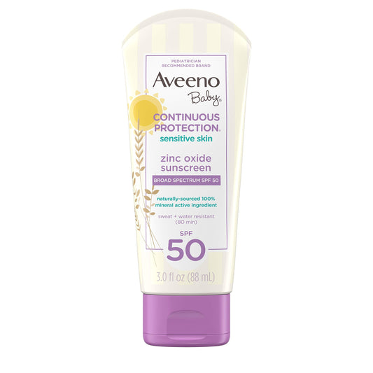 Aveeno Baby Zinc Oxide Mineral Sunscreen Lotion SPF 50 – Sensitive Skin, Tear-Free, Water & Sweat Resistant, Travel Size 3 fl oz