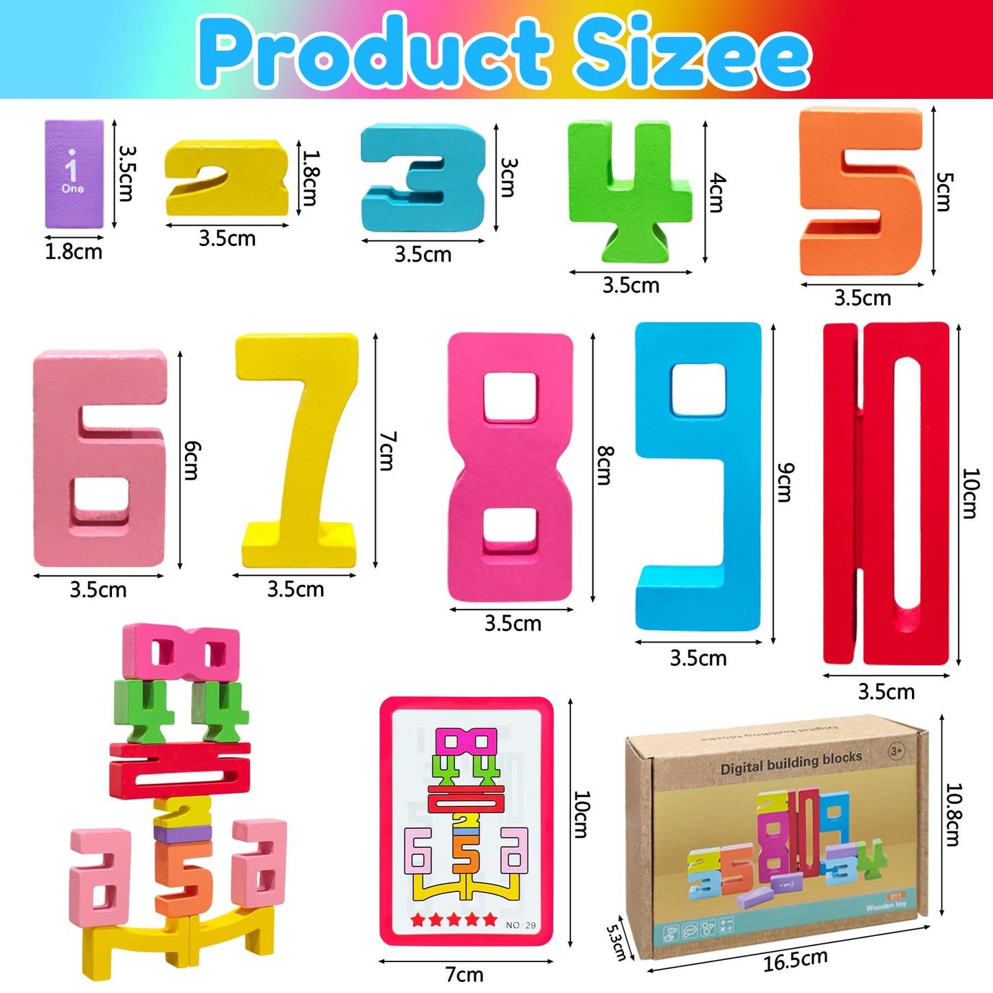 XPQKDC Wooden Number Blocks, 20-Pcs Stacking & Counting Toy for Kids 3+, Educational 1-10 Digital Blocks, Balance & Learning Gift