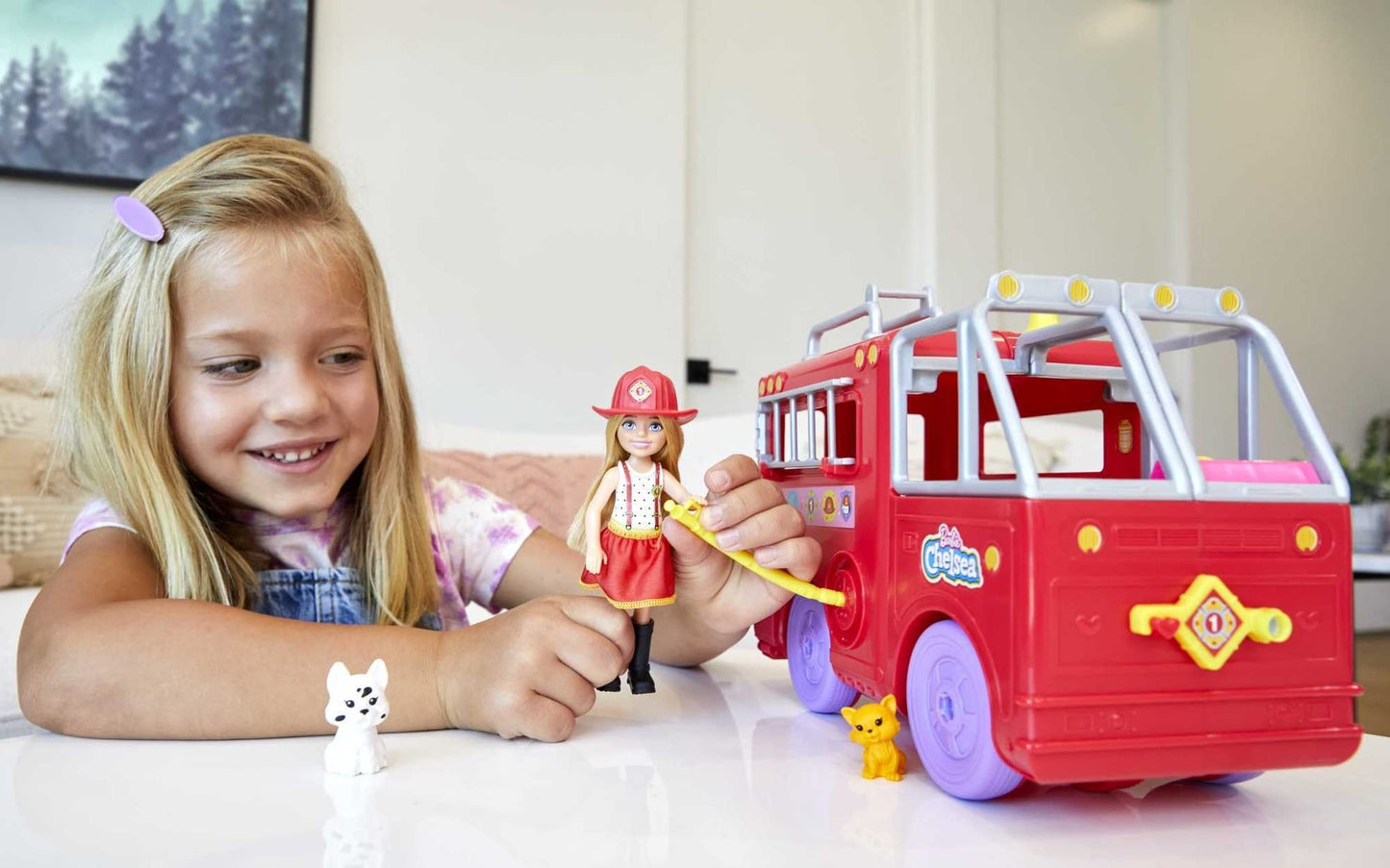 Barbie Chelsea Can Be Doll & Toy Fire Truck Playset with Blonde Small Doll, 2 Pets & 15+ Acessories, Open for Fire Station