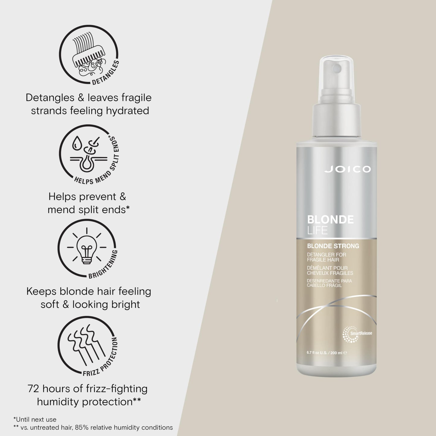 Joico Blonde Life Strong Conditioning Detangler Spray | For Fragile Blonde Hair | Prevents Breakage & Split Ends | 72Hr Humidity Protection, 6.7 fl oz