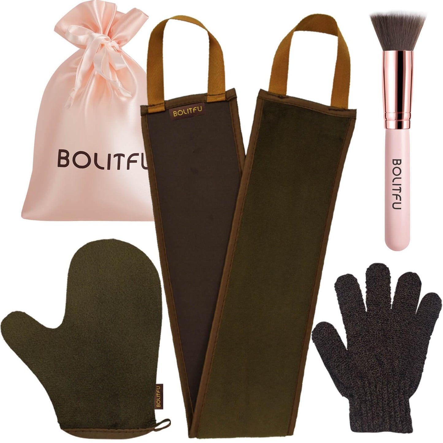 4-Piece Self Tanning Kit – Mitt, Back Applicator, Exfoliating Glove & Face Brush for Even, Streak-Free Sunless Tan (Brown)