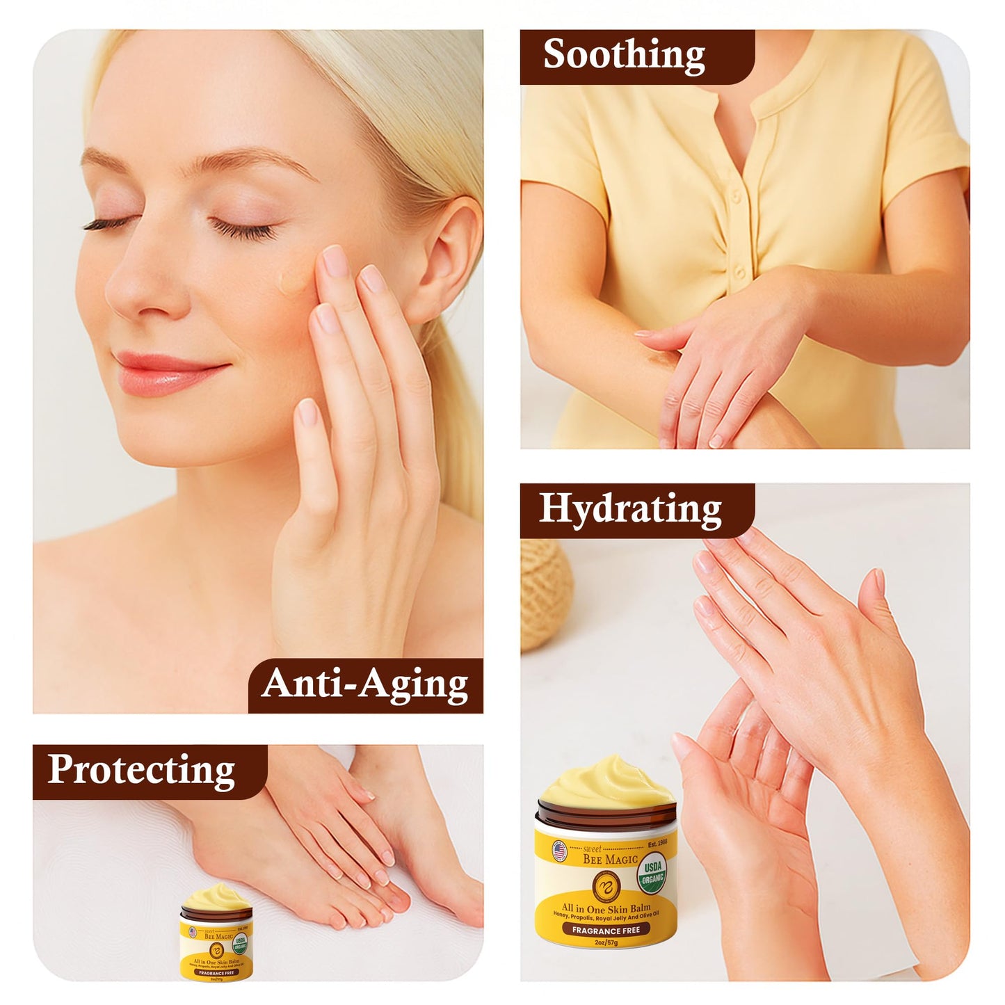 Sweet Bee Magic Organic Healing Balm - All-in-One Beeswax Cream for Dry Skin, Face & Body Moisturizer, Natural & Certified Organic, 4oz Jar