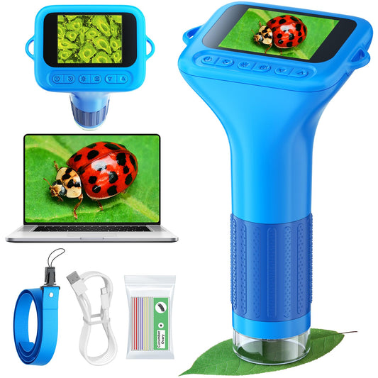 Odatay Kids Microscope 100X-1000X, 1080P Digital Handheld with 12 Slides, Mini Portable Science Toy Gift for Ages 3-12, Blue