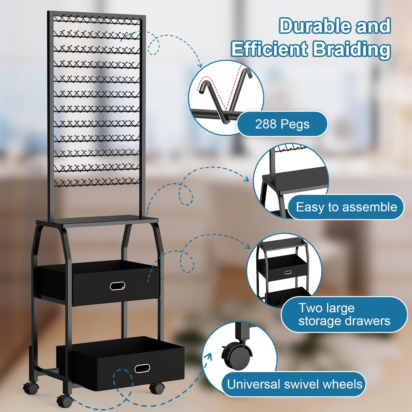 Portable Hair Braiding Rack with Wheels & Storage Drawers | 2-Sided 288 Pegs Hair Extension Holder & Organizer Stand with Tools (Black)