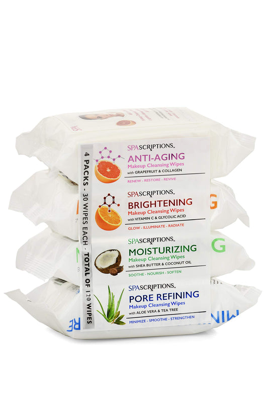 Spascriptions™ Anti-Aging Brightening Towelettes – Moisturizing, Pore-Refining, Collagen & Vitamin C, Removes Waterproof Makeup, 120 Ct, 4 Pack