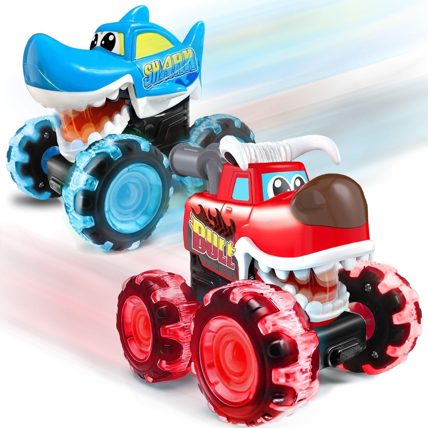 Stargo 2-Pack Monster Truck Toys – Shark & Bull Pull Back Trucks with Light-Up Chomping Action, Birthday Gifts for Boys Ages 3-8