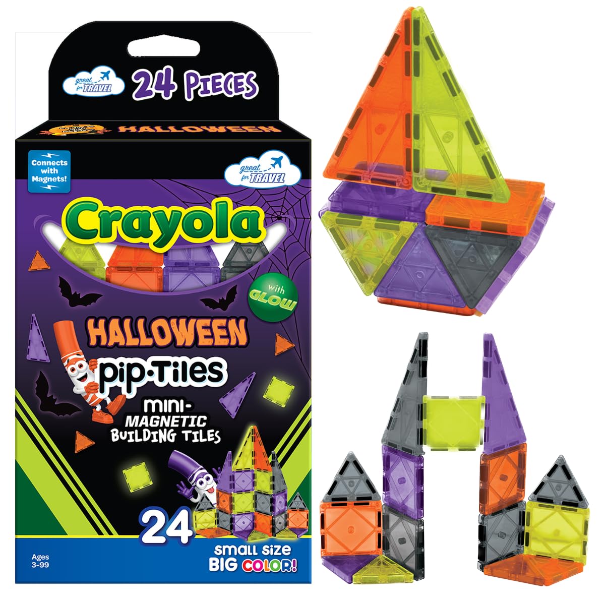 CreateOn Crayola Halloween Mini Magnetic PIP-Tiles Glow in The Dark Building Set, STEM Magnetic Travel Toys for Kids Ages 3+, 24 Pieces