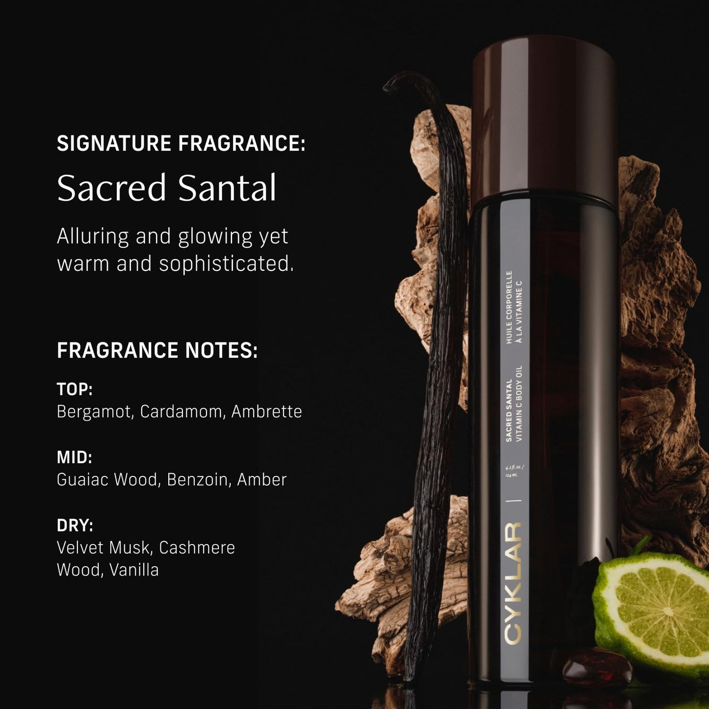 CYKLAR Vitamin C Body Oil for Glowing Skin, Sacred Santal Scented Moisturizing Serum, Hydrating After-Shower Skin Care, 4.2 fl oz