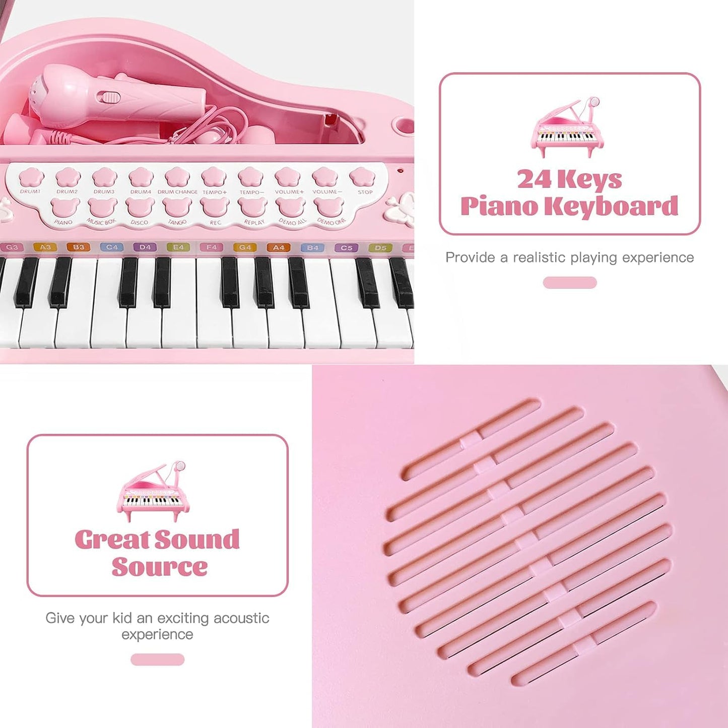 Love&Mini Piano Keyboard Toy for Girls - 24 Keys Toddler Music Toy Instrument with Microphone, Pink Piano Toy for 1 2 3 Years Old Girls Birthday Gift