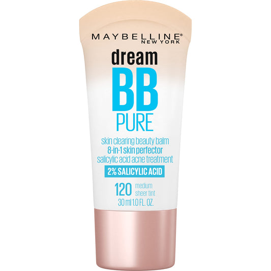 Maybelline Dream Pure BB Cream, 8-in-1 Skin Perfecting Beauty Balm with 2% Salicylic Acid, Oil-Free Sheer Tint for Acne-Prone Skin, Medium, 1 Count