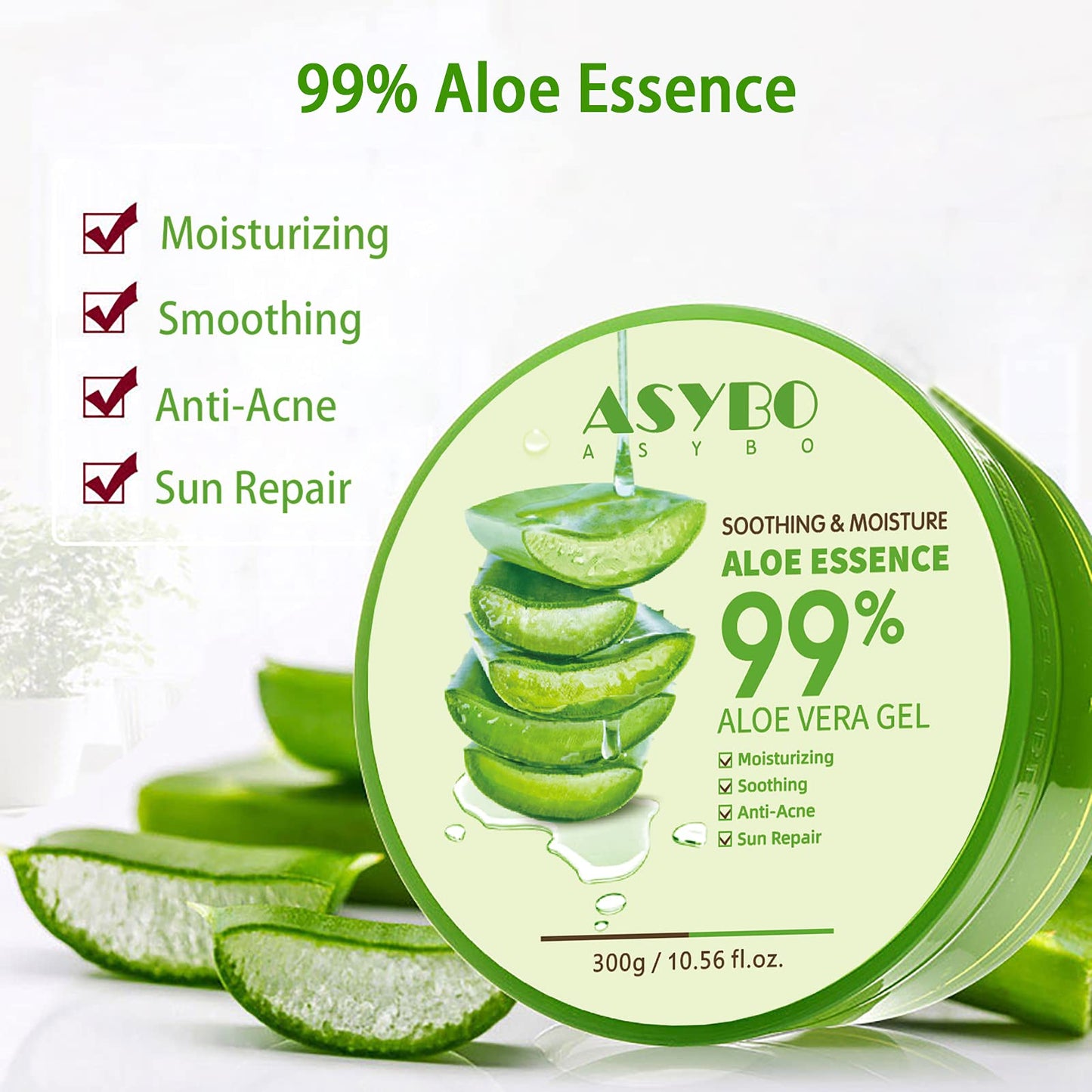 ASYBO 300 ML Natural Aloe Vera Gel -Organic Moisturizing Cream, Soothing and Hydrating, Sunburn and Scar Repair, Care for Face Body Hair