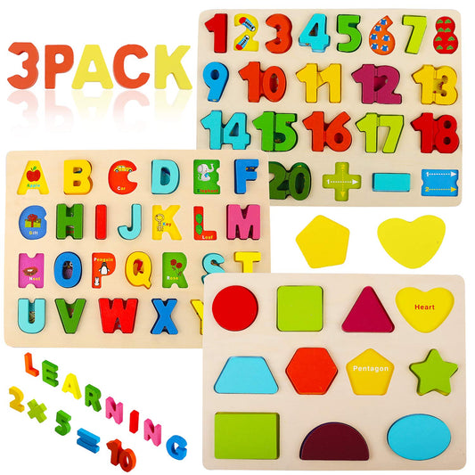 Wooden Puzzles for Toddlers, Voamuw Alphabet Number Shape Learning Puzzle for Kids Ages 3 4 5, Montessori Toys Preschool Education Chunky Jigsaw for Boys and Girls