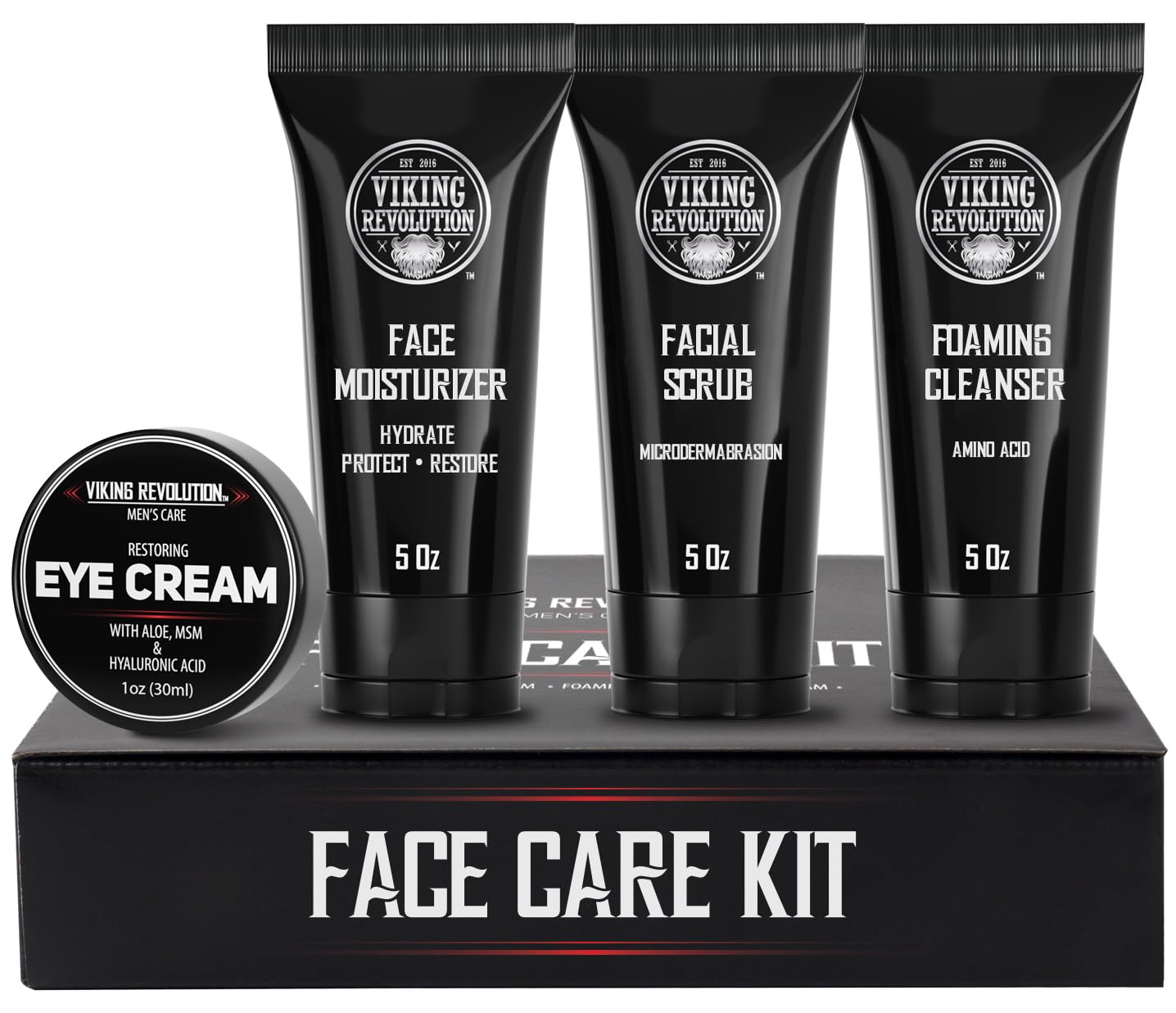 Viking Revolution Men's Skincare Kit – Face Moisturizer, Microdermabrasion Scrub, Foaming Cleanser (5oz) & Eye Cream (1oz)