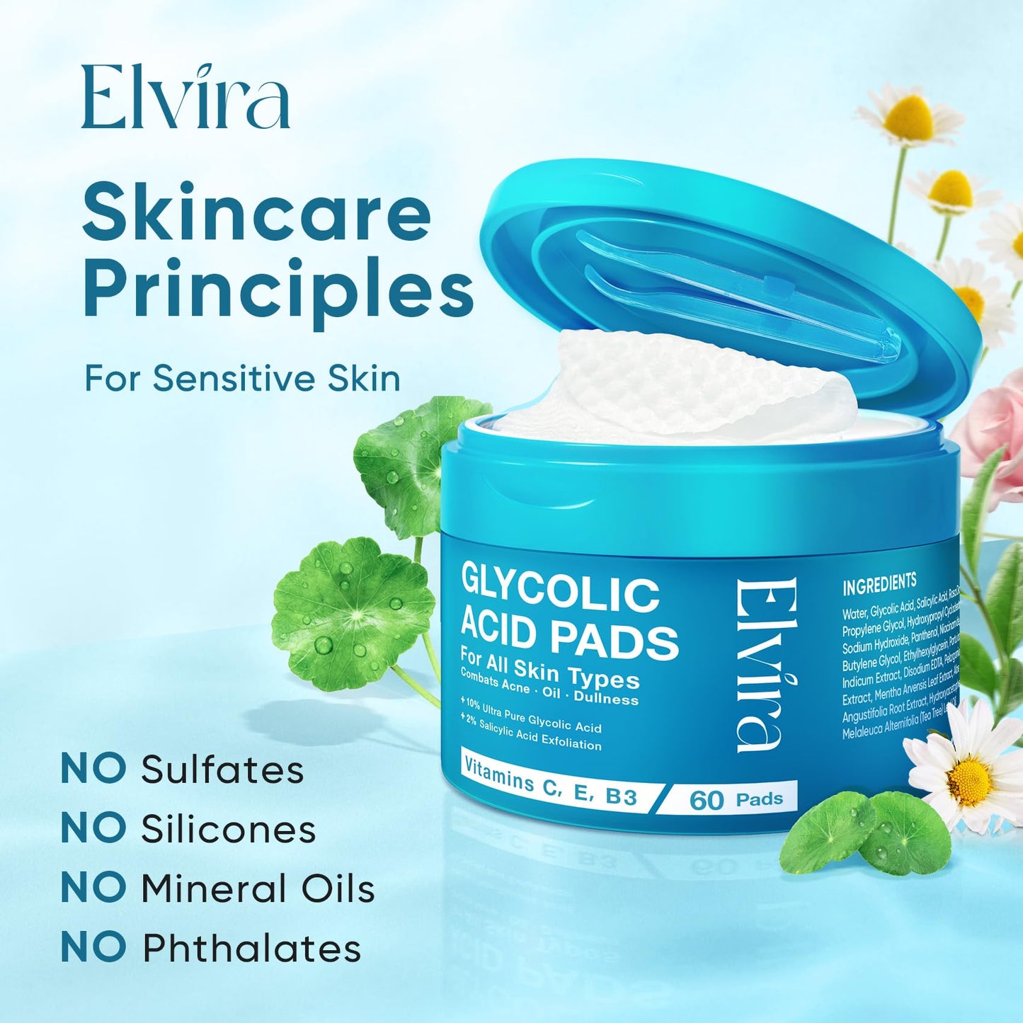 Elvira Glycolic Acid Facial Pads – 10% Glycolic, 2% Salicylic Acid & Niacinamide, 60 Pads Daily Exfoliating Peel for Sensitive Acne Skin