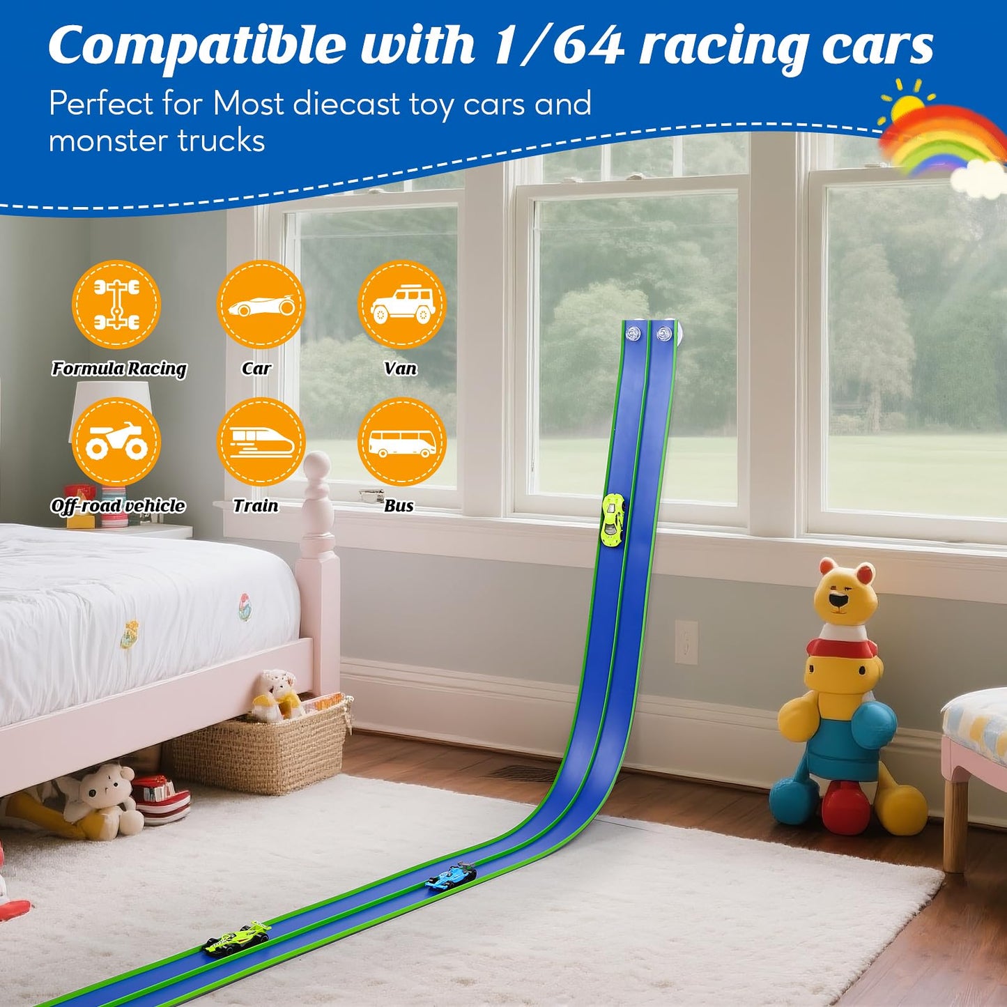 Flexible 15ft Race Car Track Starter Set with Suction Cups, 1:64 Diecast Cars, Portable Roll-Up Racetrack for Kids Ages 3+ (Blue & Green)