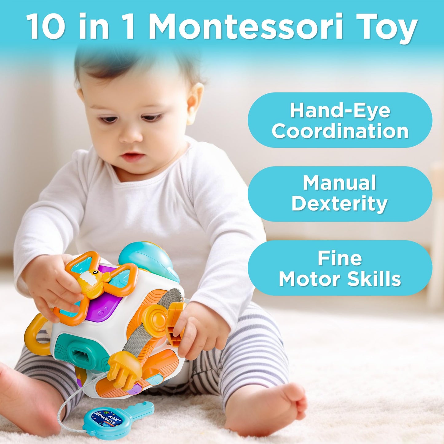 iPlay iLearn 10-in-1 Baby Busy Board Cube – Montessori Sensory & Learning Toy for Toddlers 6–24 Months | Travel & Birthday Gift
