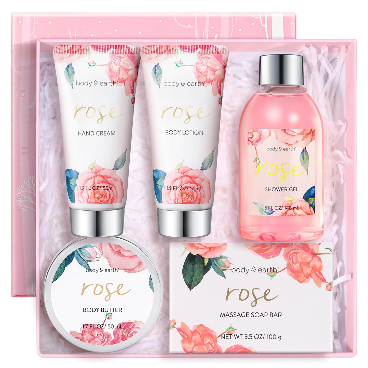 BODY & EARTH Luxurious 5-Pc Rose Scent Spa Gift Set for Women – Bath & Body Gift Box with Lotion, Body Wash, Butter – Birthday Gift Idea