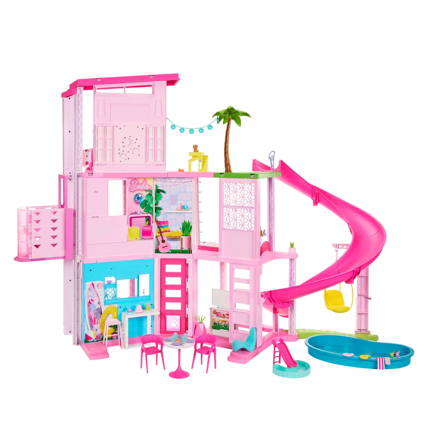 Barbie Dreamhouse, Pool Party Doll House with 75+ Pieces and 3-Story Slide, House Playset, Pet Elevator and Puppy Play Areas
