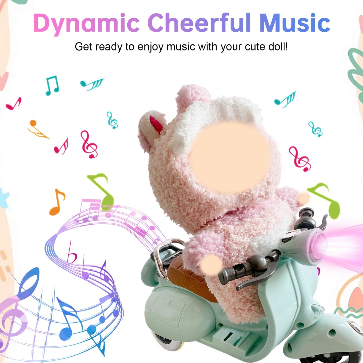 Light-Up Musical Doll Scooter with 360° Rotating Seat – Cute White Motorcycle Accessory for Doll Collectors, Batteries Not Included